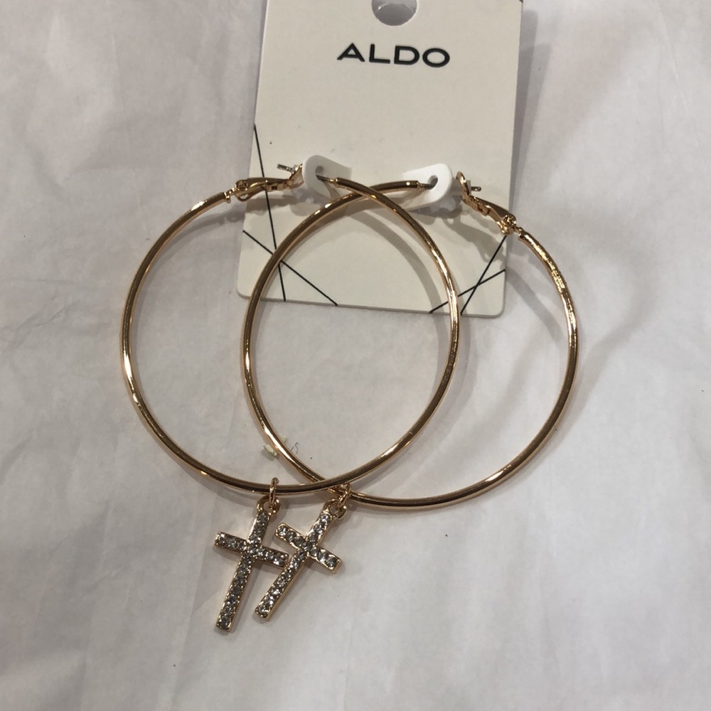 Aldo gold tone pave studded cross charm hoop earrings new